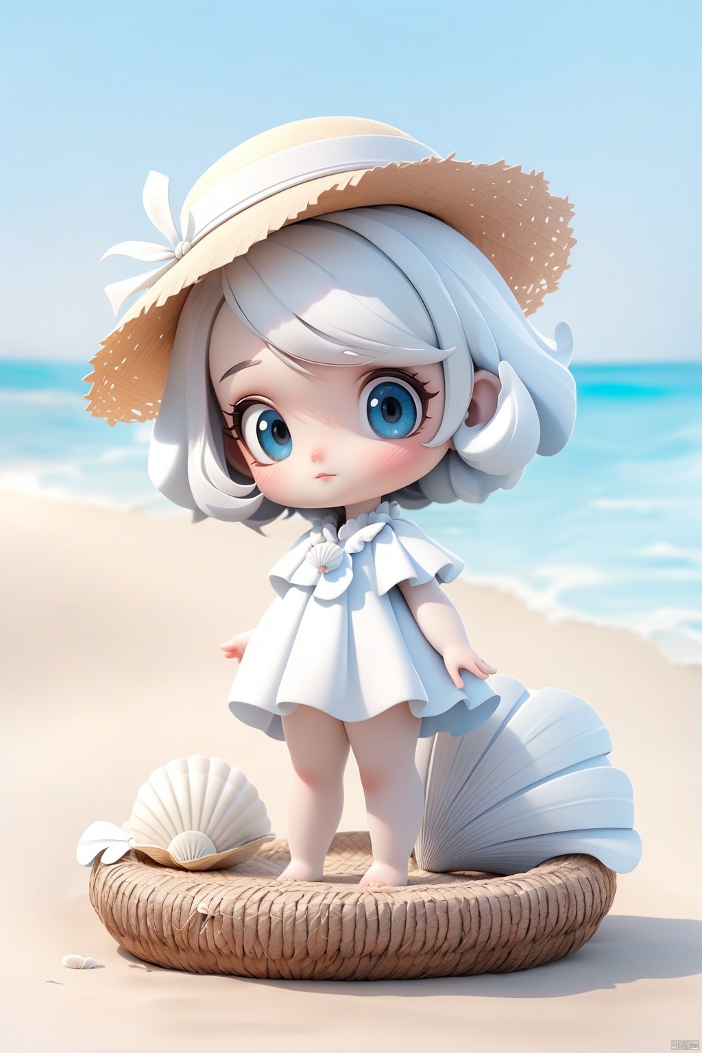 (Girlish body type), (masterpiece), (best quality), Exquisite visuals, high-definition, (ultra detailed), finely detail, ((solo)), (white Silver hair), (gradient Blue), (beautiful detailed eyes), Kawai, loveliness, ,standing, ((full body)), a slightly shy little shell with short white hair, anthropomorphic shells,a center cut, (child:1.2), wearing a white shell outfit and a swimming ring. (((Shell clothes and hats))),The environment is next to the beach, with coconut trees and many seashells on the beach