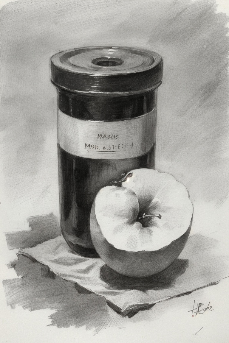 ((HRD, HUD, 8K)),((masterpiece, best quality)), highly detailed, photo_\(medium\),no humans, food, apple, Sketch,monochrome, greyscale, traditional media, signature, graphite (medium), simple background, <lora:20240218-1708223770681:0.7>