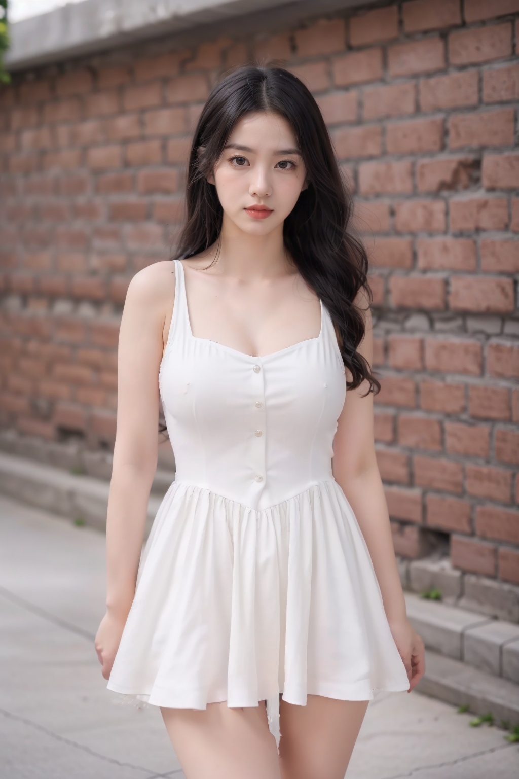 Realistic,(masterpiece:1.2),best quality,8K,HDR,RAW,depth of field,blurry,1girl, ((solo)), large breasts, long hair, ((brick wall background, standing)),(looking at viewer),<lora:add_detail:0.6>,<lora:GoodHands-vanilla:1>,   <lora:ENNE 白色吊带短裙_v09:0.75> ,white dress,
