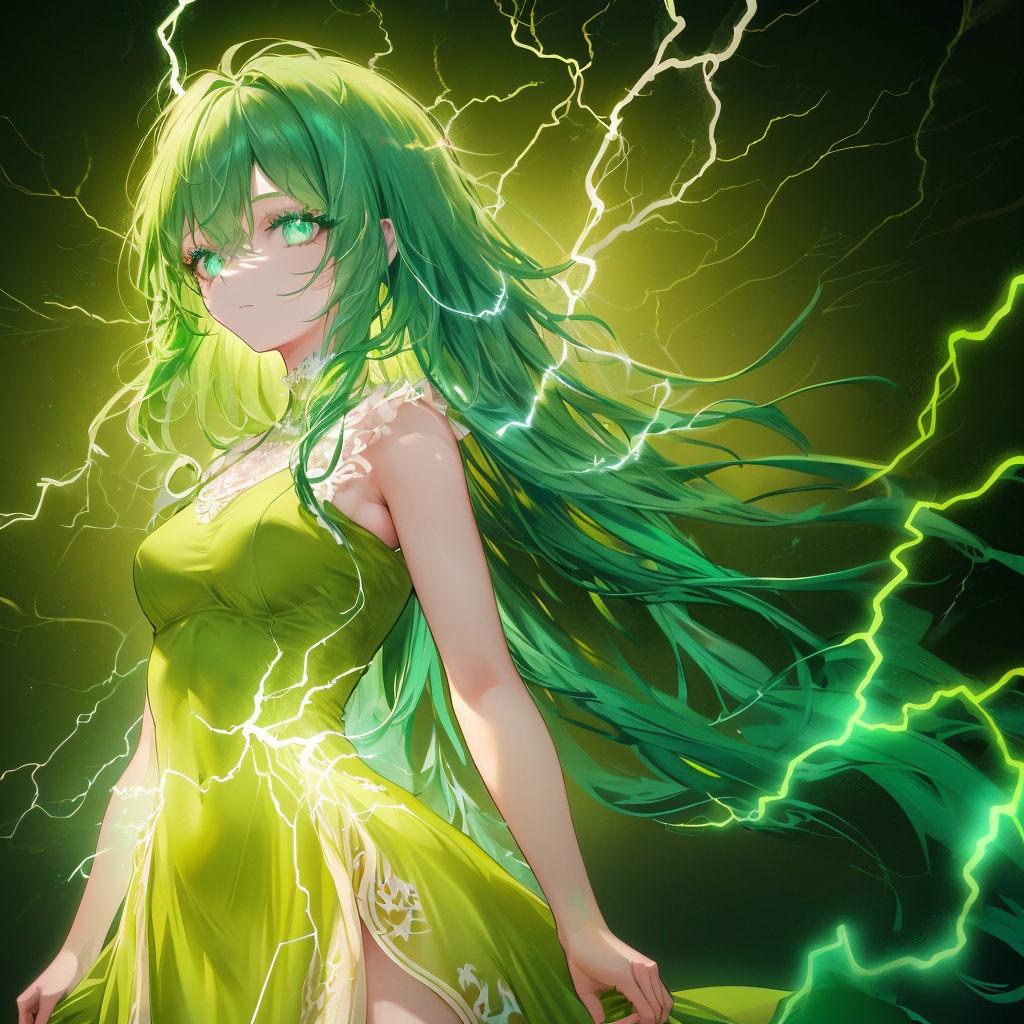 masterpiece,best quality, ultra-detailed, 1girl, beautiful detailed eyes, beautiful detailed glow, detailed lightning, beautiful detailed lightning,  long hair,green lightning,glowing,electricity,gradient,light,(((green dress))),green Theme,Lightning hair,fully body,makeup <lora:ldv2-000008:0.5>，Lightning surrounds the body