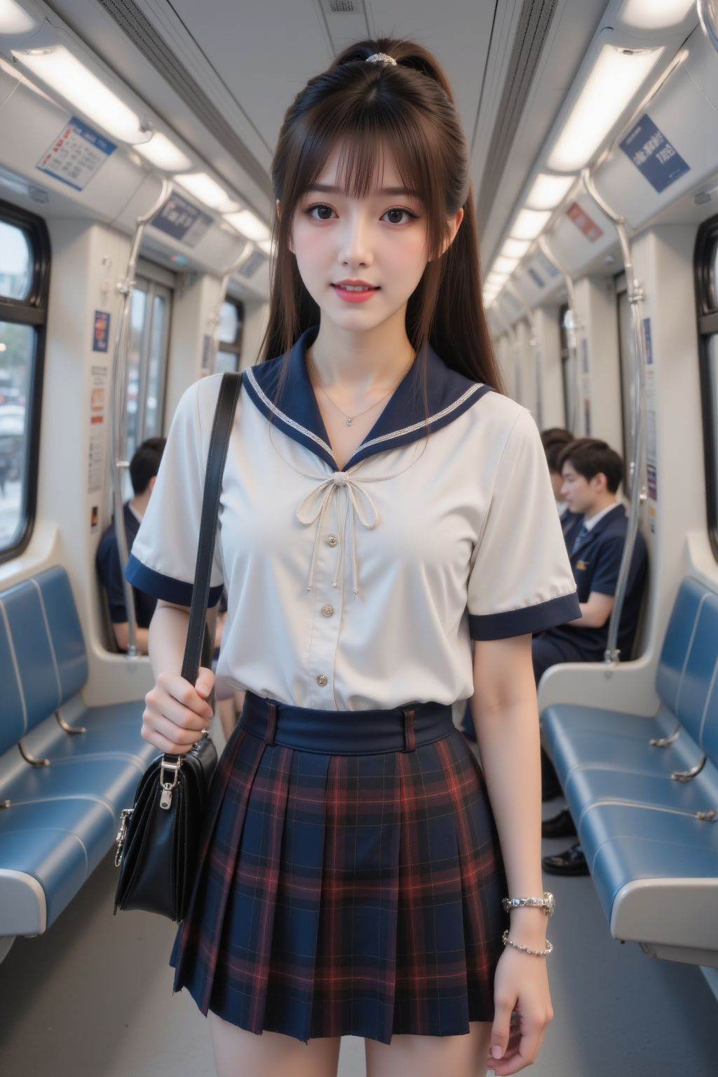 The image is a high-resolution photograph taken inside a modern, brightly lit subway car. The subject is a young Asian woman with fair skin, straight brown hair styled in a high ponytail with bangs framing her face. She has a slender physique and is wearing a traditional Japanese schoolgirl uniform, which includes a white short-sleeved blouse with a navy blue collar and a navy blue pleated skirt with a red plaid pattern. Her skirt is short, reaching just above her knees, and she carries a black leather handbag on her left shoulder.The woman's expression is neutral, with a slight smile, and she is looking directly at the camera. Her makeup is subtle, featuring light eyeshadow, mascara, and pink lipstick. She has a delicate bracelet on her right wrist.The background shows other passengers seated on blue and gray upholstered benches along the walls of the subway car. The subway car has a modern design with white ceilings, fluorescent lighting, and large windows on the sides, allowing natural light to filter in. The floor is a smooth gray material, and the seats are arranged in a linear fashion along the walls. The overall ambiance is clean and orderly, typical of a modern public transportation setting. <lora:20251105A_AgainGirlF1Lora10:1>