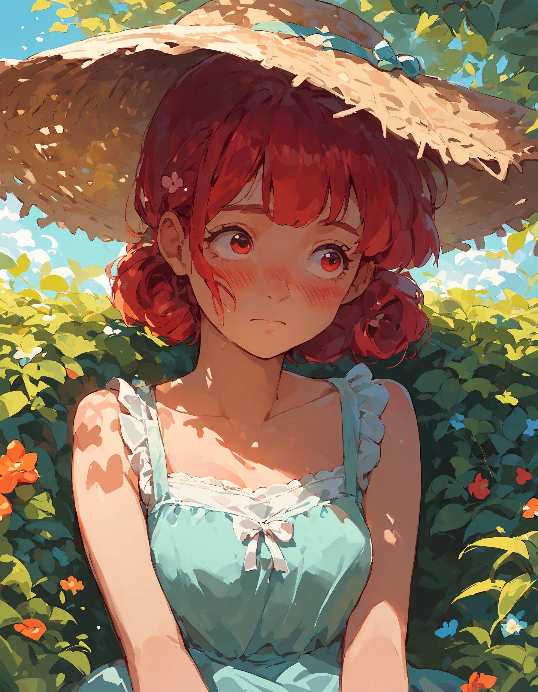 Asahina Mikuru shyly looking away, blushing in a cute summer dress, under a tree in bloom. (score_9, score_8_up, score_8 ,score_7_up, very aesthetic,) ,(i want anime style:1.2),2d,anime style,curvy body,  zPDXLxxx, 
