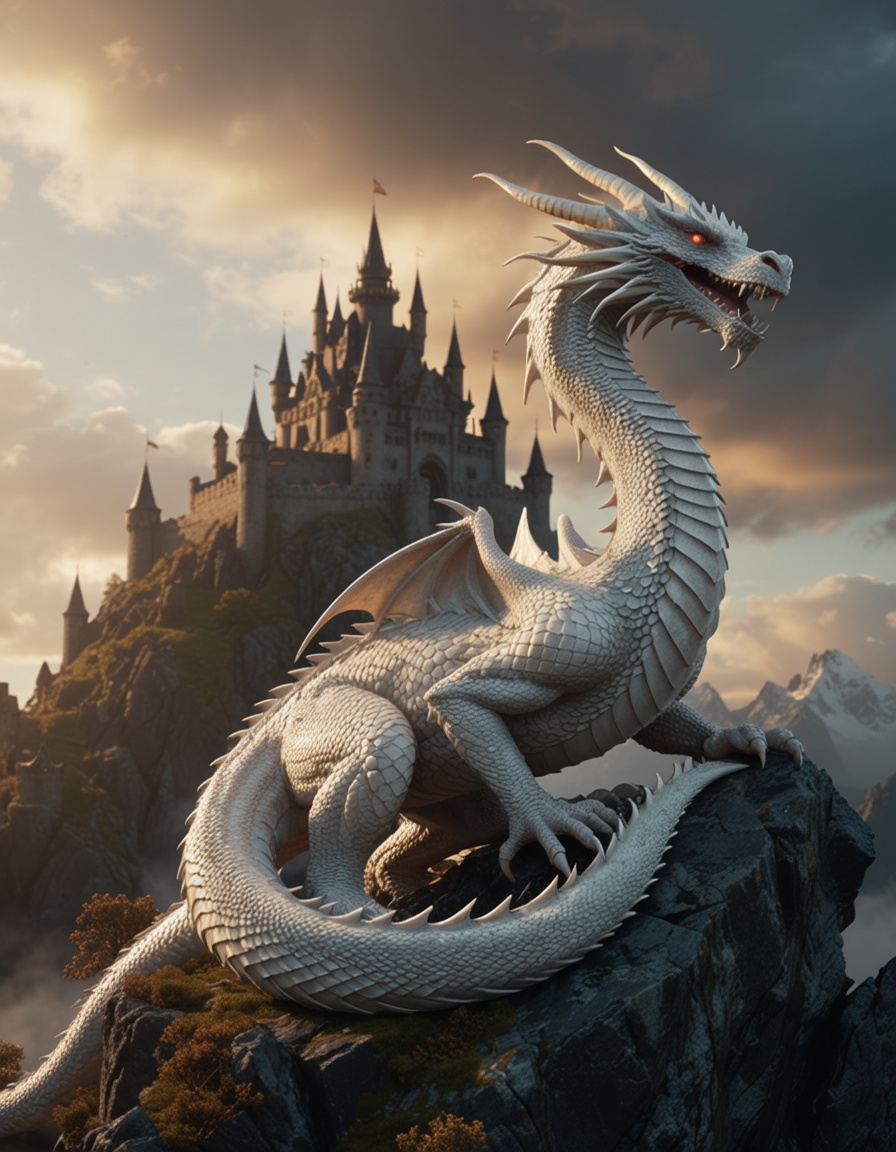 ehmidjourney,  majestic white dragon coiled around floating mountain castle,  sunrise golden hour on Tensor.Art
