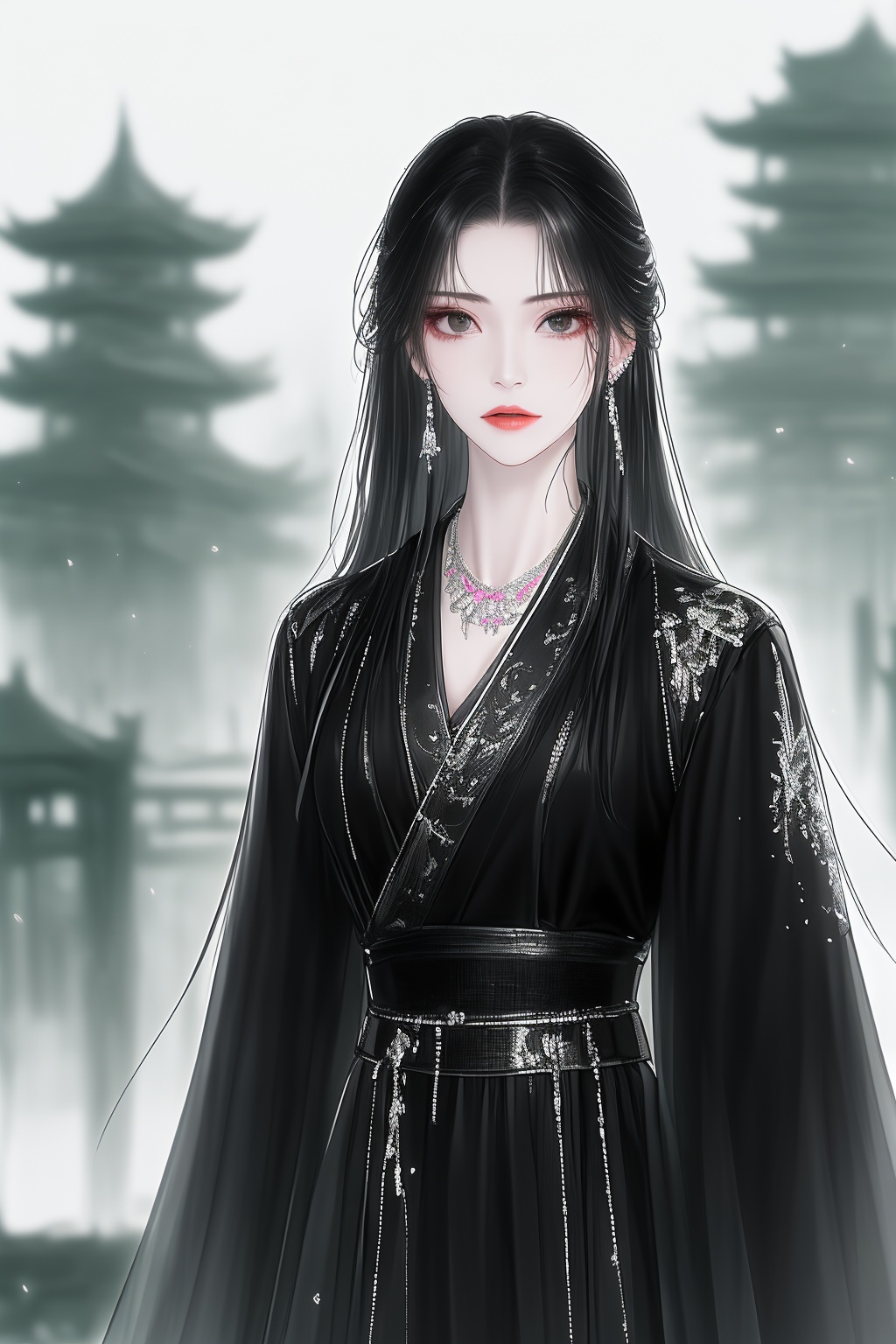 ananyq,1girl,solo,long hair,black hair,jewelry,long sleeves,black hanfu,earrings,blurry background,looking at viewer,upper body,closed mouth,necklace,