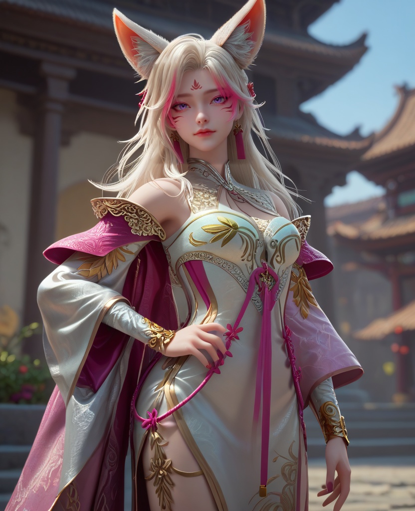 (oriental architecture, elegant decor, sophisticated style:1.1),(Standing with one hand on hip, other arm extended to the side,:1.1),(breasts:1.2),<lora:XL16克金玩家小狸:0.95>,1girl,white china dress,facial mark,purple eyes,pink streaked hair,white hair,long hair,fox ears,jewelry,earrings,pink shawl,bracelet,, zPDXL2, score_9, score_8_up, score_7_up BREAK realistic, masterpiece,best quality, highly detailed,, zPDXL3, zPDXL2,zPDXL, zPDXLxxx, zPDXLrl,