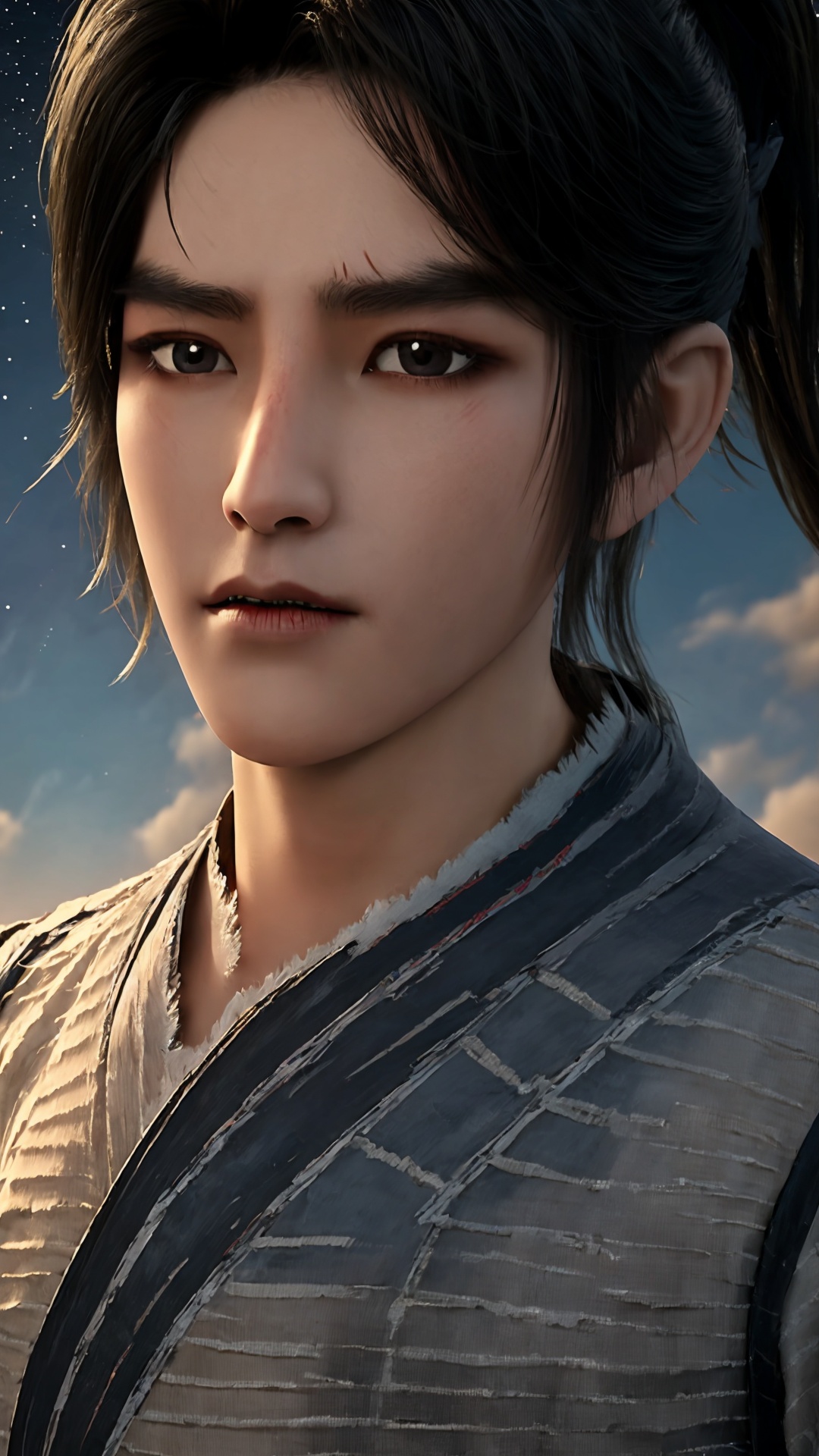 solo,black hair,looking at viewer,realistic,black eyes,lips,closed mouth,scar,short hair,ponytail,day,<lora:Chenpingan Boy_20240906021908:0.8>,1boy,<lora:20240601-1717253745719:0.7>,old,ponytail,<lora:hanfu_20231118200453:0.7>,upper_body,the top of the hill,starry sky,cumulus_fractus,