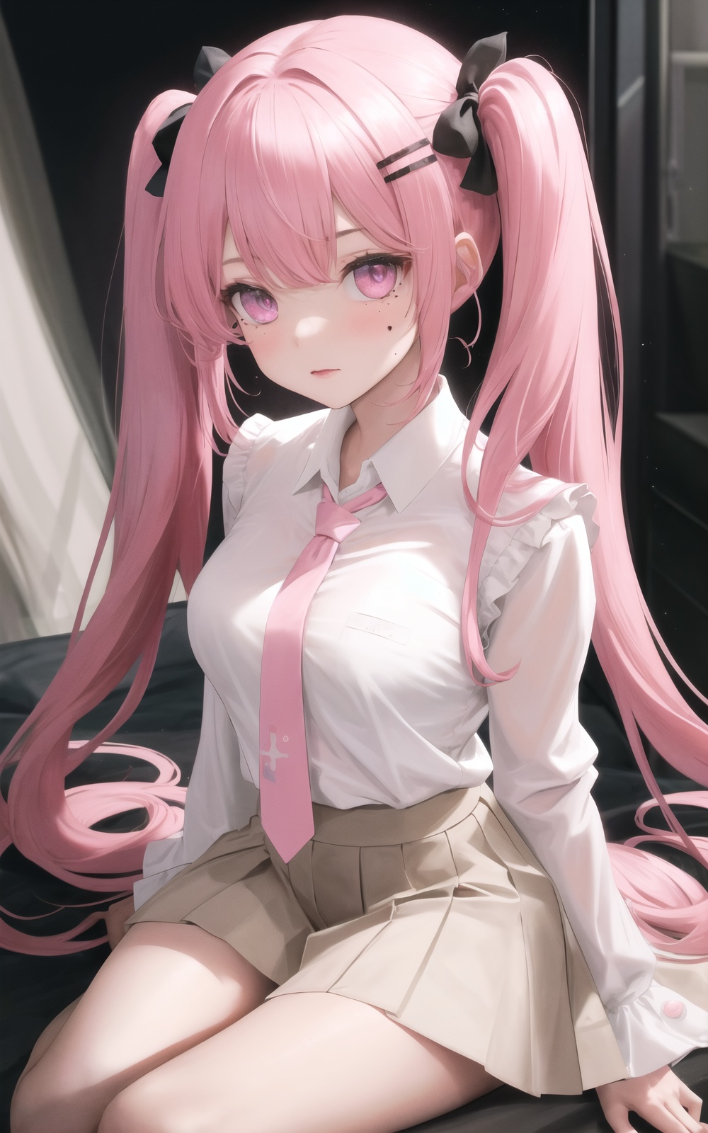 1girl, twintails, pink_hair, necktie, long_hair, solo, mole, looking_at_viewer, bangs, pink_eyes