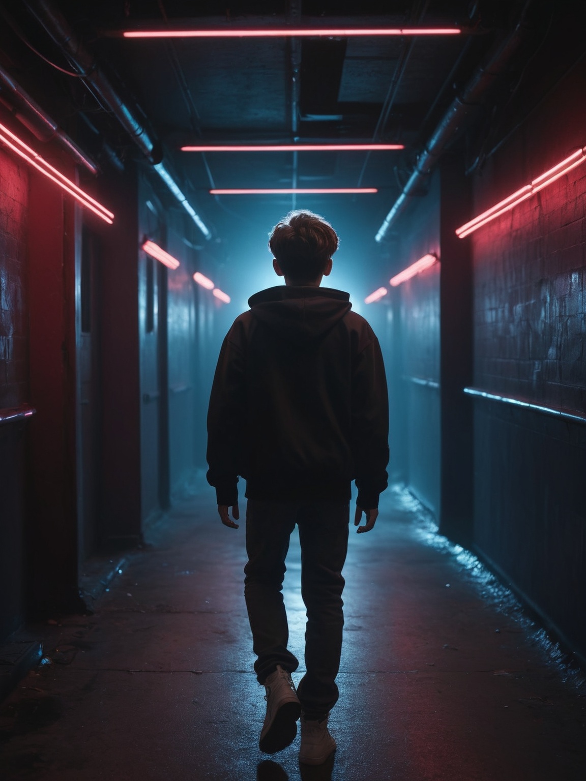 (1boy) 19 years old boy,  walking away from the viewer looking back nervously,  (cinematic neon lights on Tensor.Art