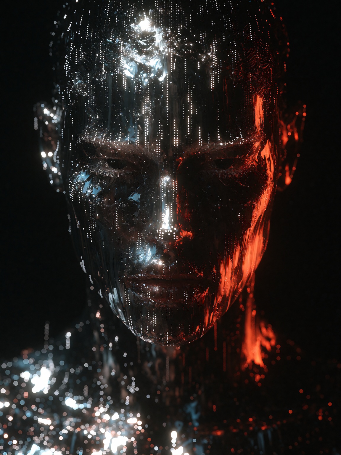 A glowing,  abstract human silhouette emerges from a pitch-black void,  formed entirely by vertical on Tensor.Art