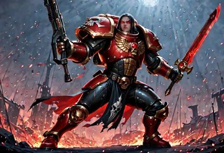 (masterwork, fantasy art, abyss warrior, warhammer 40k style, masterpiece, best quality, hyper-detailed, 8k uhd::1.4), 1male, muscular warrior, fantasy abyss warrior, ornate power armor, red and gold armor plating, metallic gray accents, intricate armor patterns, micro-detailed engravings, ceremonial pauldrons, heavy gauntlets, armored boots, large two-handed weapon, glowing red gemstone inlay, crimson blade aura, dynamic action pose, battle stance, fierce expression, glowing eyes, detailed facial features, dramatic lighting, chiaroscuro lighting, strong contrast, dark atmospheric background, smoky battlefield, embers floating, cinematic composition, low angle shot, epic scale, serious tone, intense mood, sharp focus, metallic reflections, battle-worn textures, masterpiece, best quality, absurdres, newest