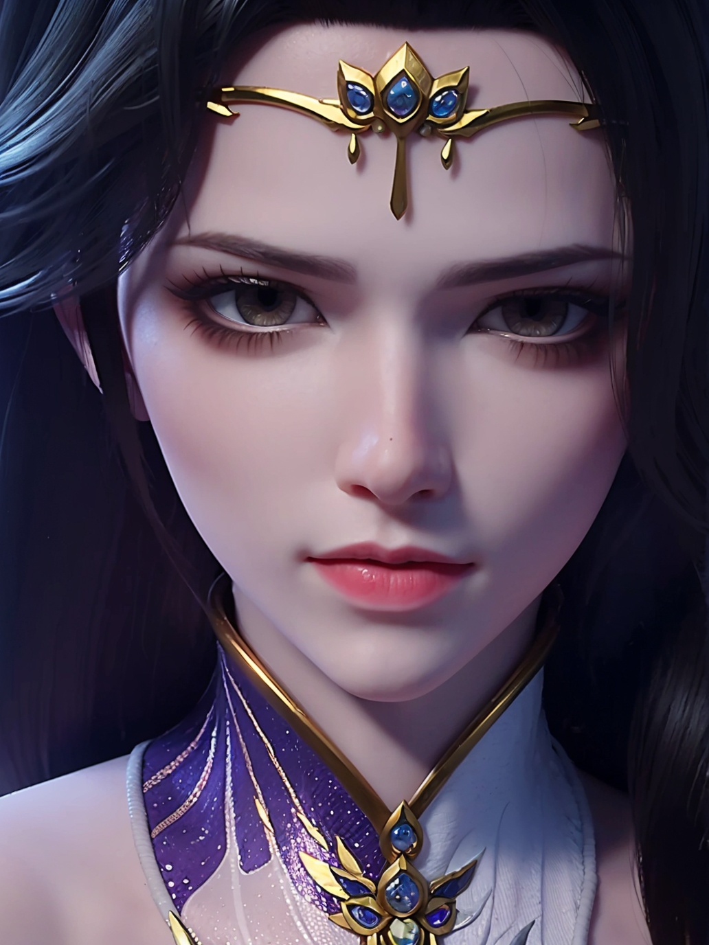 1girl,solo,closed mouth,forehead jewelry,looking at viewer,((close-up)),3d,game cg,Highly detailed,(best quality:1.5,masterpiece:1.5),<lora:20250113-1736790602743-000010:0.85>,xuanyi,