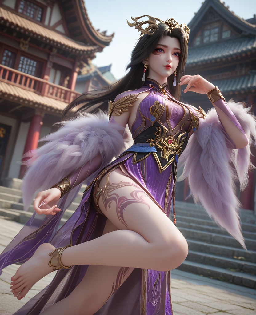 (oriental architecture, elegant decor, sophisticated style:1.1),(diving:1.1),(breasts:1.2),<lora:XL16百炼成神司妙玲:0.95>,miss simiaoling,purple dress,purple eyes,lips,eyeshadow,facial mark,black hair,long hair,hair ornament,earrings,jewelry,fur shawl,sash,black underskirt,anklet,leg tattoo,barefoot,, zPDXL2, score_9, score_8_up, score_7_up BREAK realistic, masterpiece,best quality, highly detailed,, zPDXL3, zPDXL2,zPDXL, zPDXLxxx, zPDXLrl,