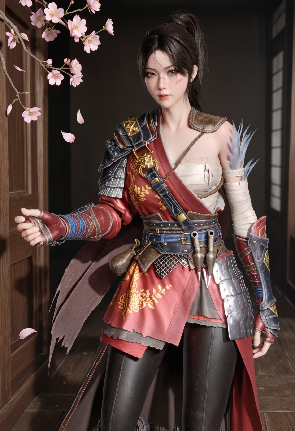 (cowboy shot:1.2),(looking at viewer:1.1),masterpiece,(best quality),smog,Dark room,dim lighting,peach blossom,falling petals,<lora:YQ_Illustrious光辉v5_白梓芸_V1:0.8>,q1528437228,1girl,solo,armor,black hair,ponytail,shoulder armor,brown eyes,sarashi,chinese clothes,brown hair,long hair,gloves,boots,scar,pants,hair bun,fingerless gloves,pauldrons,single hair bun,bandages,scar on face,sheath,cape,belt,short hair,mole under mouth,black pants,sash,single pauldron,gauntlets,knee boots,