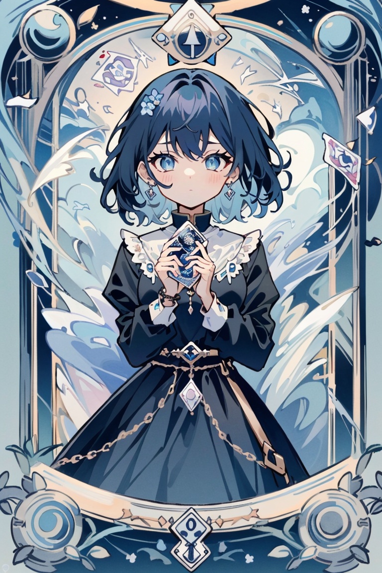 ((HRD, HUD, 8K)),((masterpiece, best quality)), highly detailed, soft light,Card, 1girl, blue flower, solo, blue eyes, flower, chain, looking at viewer, dress, black dress, blue hair, long sleeves, bangs, short hair, holding, jewelry, closed mouth, tarot, rose, earrings, blue rose, black hair, purple flower, hair intakes, card, <lora:20240528-1716881484728:0.8>