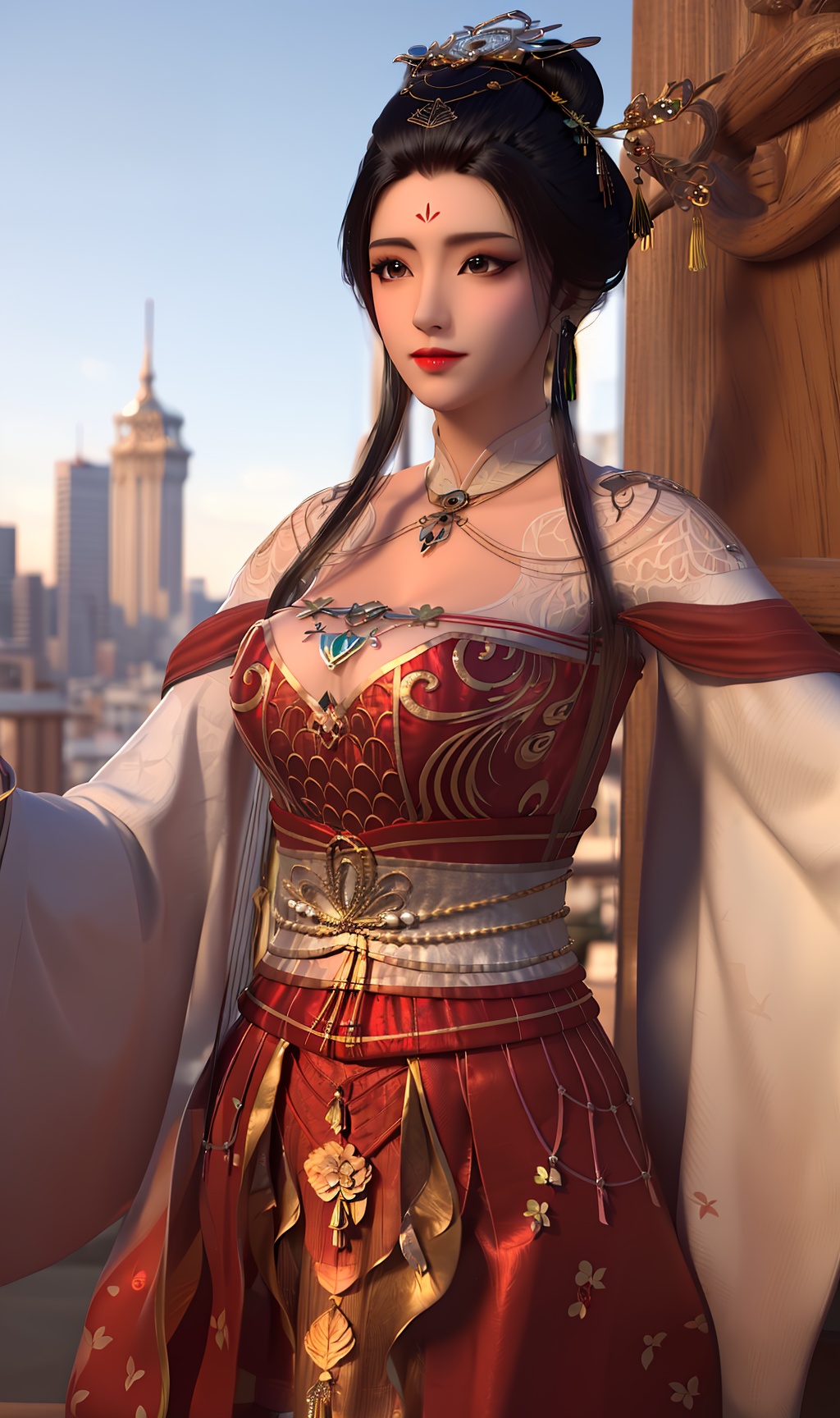 3D,masterpiece,(best quality),(makeup),official art, extremely detailed cg 8k wallpaper,((crystalstexture skin)), (extremely delicate and beautiful),(highly detailed),(face),(tiara),(tassel),(forehead_mark),(1girl), (solo), (jewelry), (earrings),(black_hair),(long_hair),(hair_ornament),(handwear),(breast),(standing),((upper_body)),(dress),(long_skirt),(chinese_clothes),(multicolored_clothes),(multicolored_dress),(thighs),,(shiny_clothes),(sash),(closed_mouth),(city,outdoor),,((looking_at_viewer)),((Facing the camera)),, <lora:hipoly3DModelLora_v10:0.3>