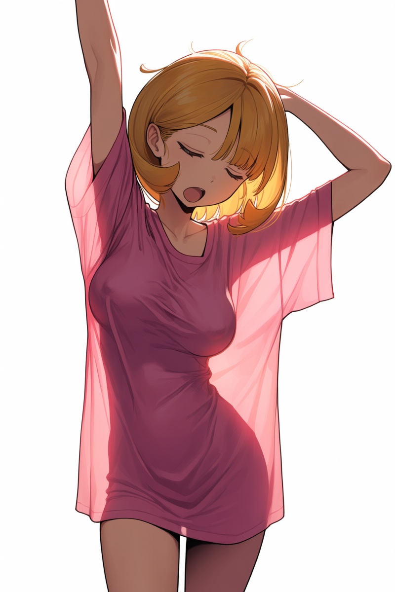 @smnlsst,  The image shows a young woman with short blonde hair stretching her arms above her head. She is wearing a loose...