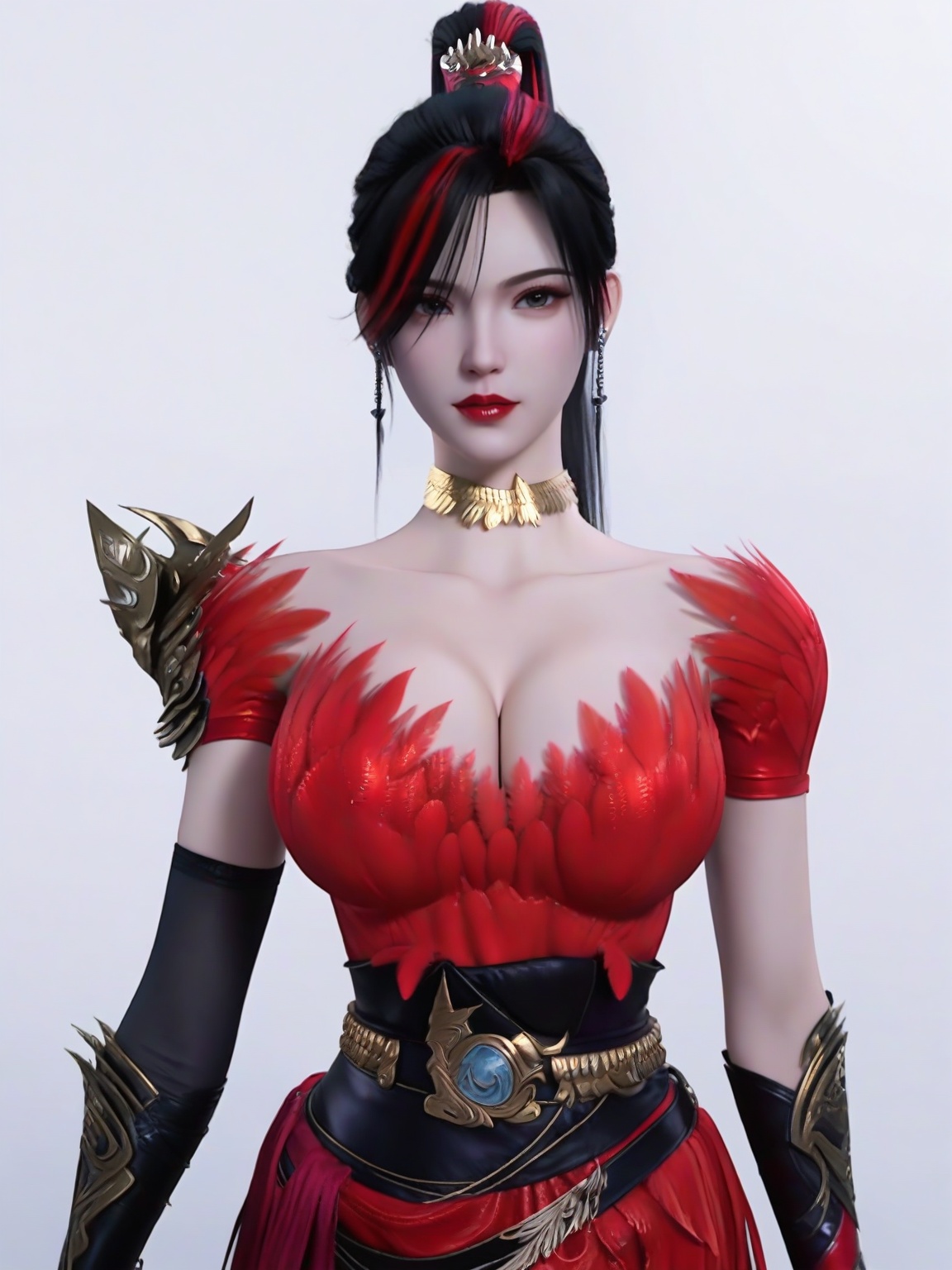 score_9,1girl,solo,breasts,large breasts,lipstick,black hair,red dress,choker,two-tone hair,eyelashes,feathers,ponytail,earrings,belt,looking at viewer,white background,simple background,<lora:SF_ZhaoXiangEr_Pony_Realism2.3-000004:0.7>,