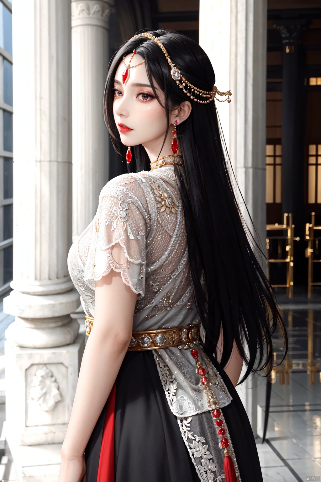((close-up, chinese clothes, hanfu, Indoor, palace, luxury, ancient architecture, Roman columns, from behind, from below, Indoor, lobby, (Roman columns,magnificent palace,), reliefs,)), Realistic style, cinematic work, 8K wallpaper, masterpiece, very realistic quality, best quality, masterpiece, high-level, high-resolution,,,Edge lighting, dual tone lighting, soft lighting, The illuminated surface of the material has bright spots and highlights, which flicker and have a mirror effect when reflected, There are sparkling spots on the armor,,,1 girl, mature female, solo, looking at viewer, lace, strong rim light, colorful,(detailed skin: 1.3), (detailed face: 1.3),clear focus,delicate,(mature women: 1.2),(glossy skin+glossy skin: 1.4),(sweating: 1.1),(big_eyes),red_ eyeshadow,long_ Eyelashes, red lips,,,simple background, grey background,,,(Diamond hair accessories, diamond necklaces, diamond earrings, diamond earrings, clothes embedded with diamonds, armor embedded with diamonds,:1.3)<lora:EMS-889-EMS:0.600000>, <lora:EMS-328443-EMS:0.100000>