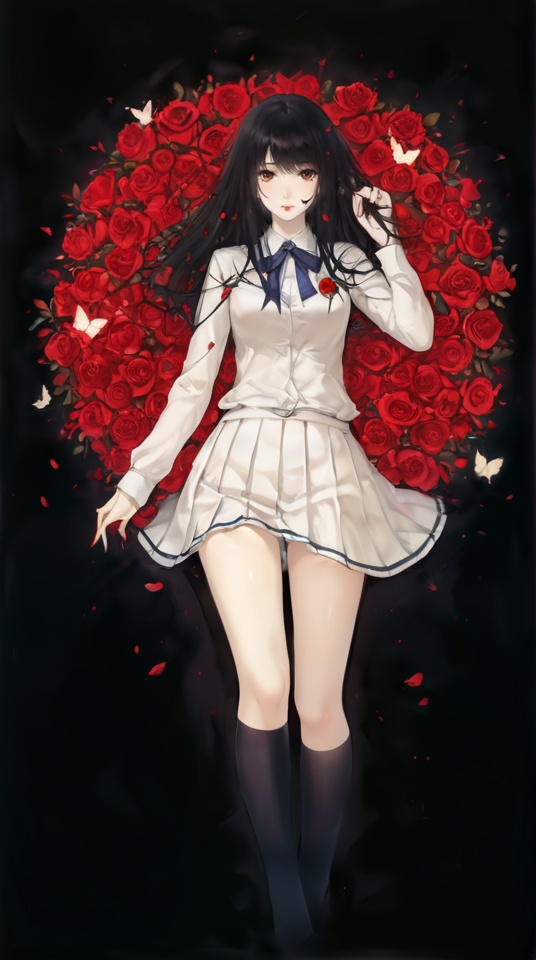 (best quality), ((masterpiece)), (highres), illustration, original, extremely detailed,   <lora:黑暗物语葬の花:0.7>1girl, solo, flower, black hair, rose, school uniform, long hair, bug, butterfly, skirt, brown eyes, blood, red flower, kneehighs, red rose, socks