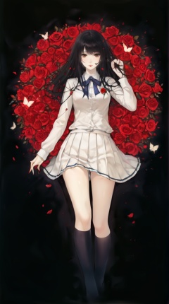 (best quality), ((masterpiece)), (highres), illustration, original, extremely detailed,   <lora:黑暗物语 葬の花:0.7>1girl, solo, flower, black hair, rose, school uniform, long hair, bug, butterfly, skirt, brown eyes, blood, red flower, kneehighs, red rose, socks