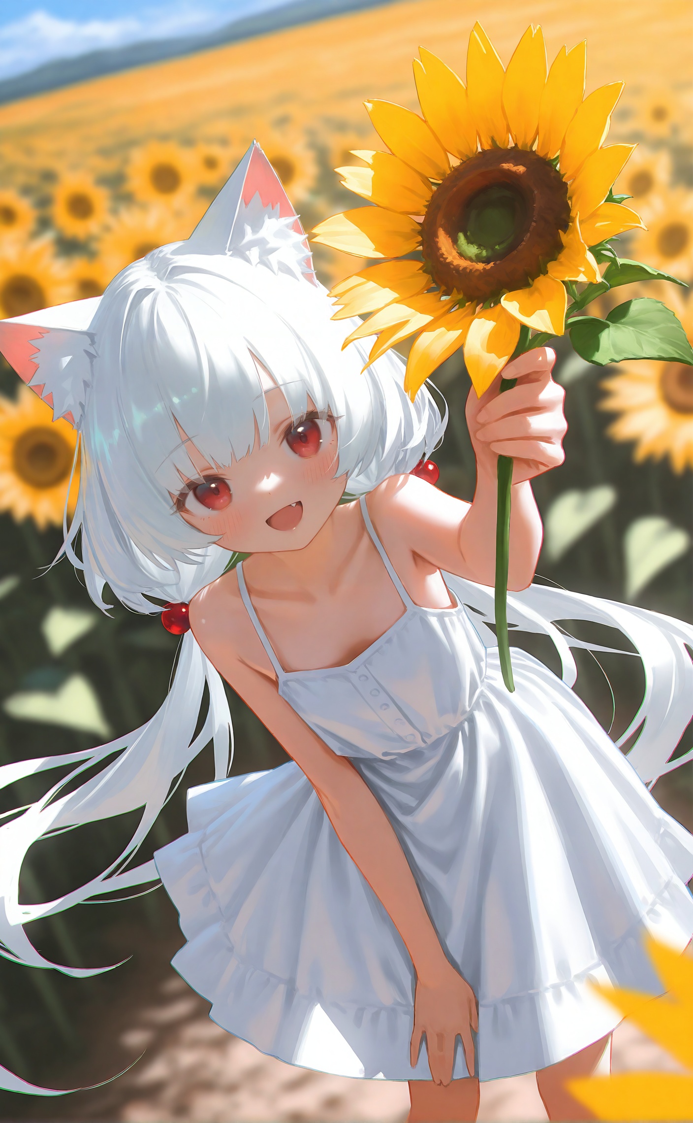 masterpiece,very aware,highres,absurdres,newest,best quality,loli,petite,high quality,chromatic_aberration,cinematic_angle,dutch angle,//,chan8016,zygocactus,reoen,xilmo,misawa hiroshi,oil_painting_(medium),dynamic angle,leaning forward,bent over,foreshortening,1girl,flower,solo,sunflower,dress,animal ears,fang,long hair,white dress,animal ear fluff,smile,sleeveless dress,holding flower,red eyes,looking at viewer,twintails,outdoors,sleeveless,blush,very long hair,white hair,blurry,low twintails,:d,open mouth,bare shoulders,cat ears,yellow flower,bangs,bare arms,depth of field,day,field,blurry background,flower field,hand up,sundress,orange theme,no text,best quality,very aesthetic,absurdres,