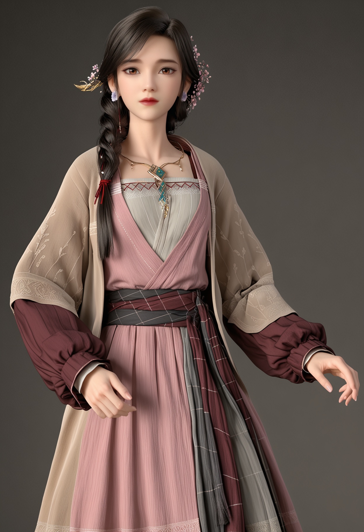 (cowboy shot:1.2),(looking at viewer:1.1),facing viewer,direct gaze,<lora:YQ_pony_yingmo_V4:0.8>,q1528437228,1girl,solo,jewelry,long hair,hair ornament,earrings,braid,brown hair,brown eyes,hair flower,necklace,black hair,dress,long sleeves,single braid,BREAK simple background,pure black background,black background,perfect anatomy,