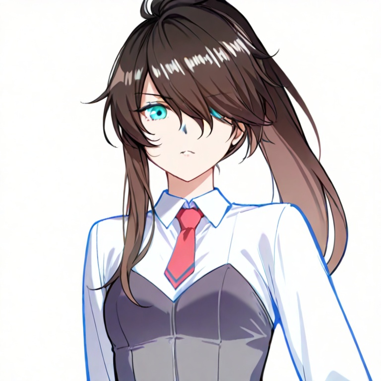 masterpiece, best quality,solo,(white background:1.2),simple background,looking at viewer,    manga_style,wraith,long hair,ponytail,brown hair,hair over one eye,blue eyes,black hair<lora:Wraith-ILL:0.8>