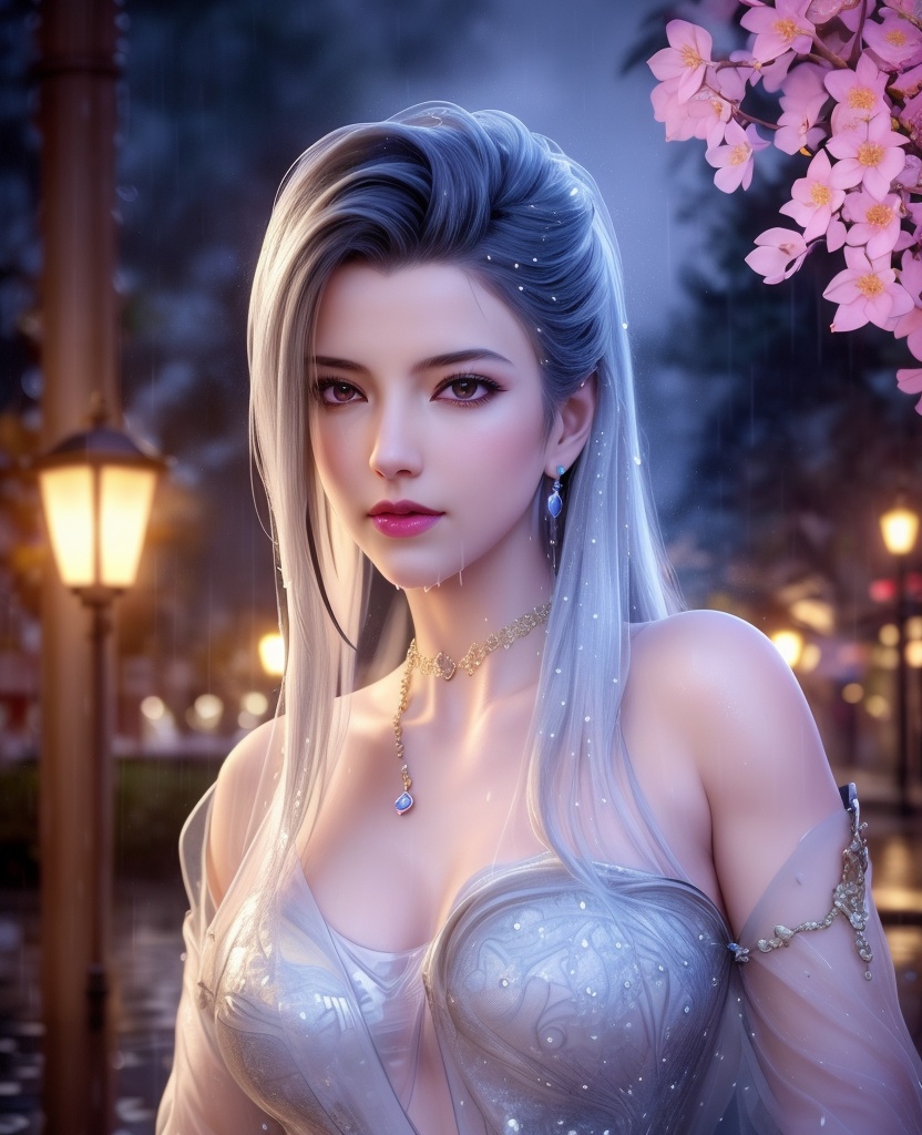 <lora:645-DA-超神学院-鹤熙:0.8>(,1girl, ,best quality, ),looking at viewer, ,ultra detailed 8k cg, ultra detailed background,  ultra realistic 8k cg,          cinematic lighting, cinematic bloom, (( , )),,  , unreal, science fiction,  luxury, jewelry, diamond, pearl, gem, sapphire, ruby, emerald, intricate detail, delicate pattern, charming, alluring, seductive, erotic, enchanting, hair ornament, necklace, earrings, bracelet, armlet,halo,masterpiece, (( , )),,  ,cherry blossoms,(((, night,night sky,lamppost,  ultra high res, (photorealistic:1.4), raw photo, 1girl, , rain, sweat, ,wet, )))(( , ))   (cleavage), (),