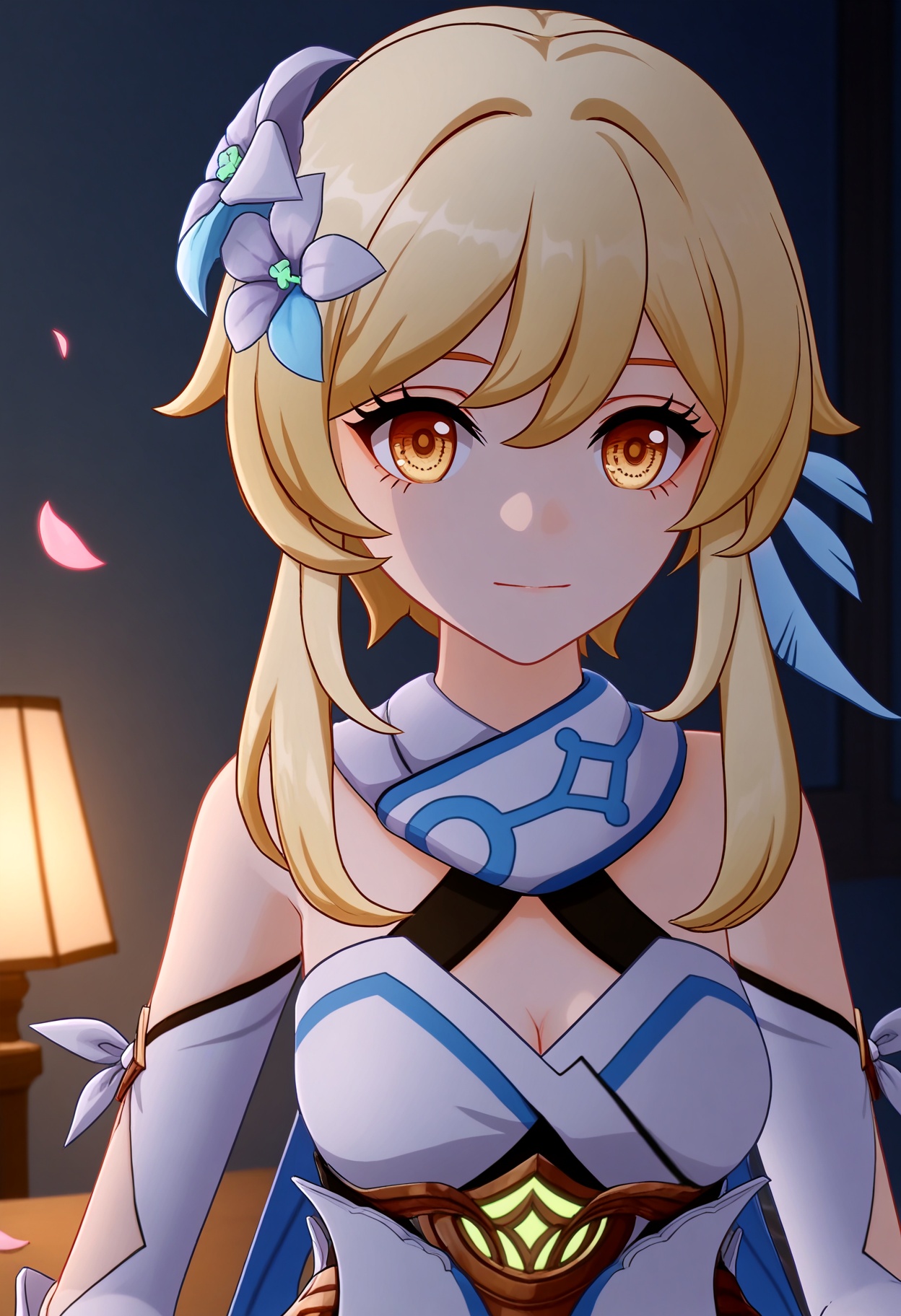 (upper_body:1.2),looking at viewer:1.1,masterpiece,(best quality),(mutated_hands:-1.2),(bad hands:-1.2),smog,Dark room,dim lighting,peach blossom,falling petals,<lora:YQ_Illustrious光辉二次元v1_荧_V1:0.8>,q1528437228,1girl,solo,lumine (genshin impact),blonde hair,hair ornament,dress,hair flower,white dress,short hair with long locks,detached sleeves,yellow eyes,scarf,sidelocks,feather hair ornament,gloves,white thighhighs,boots,