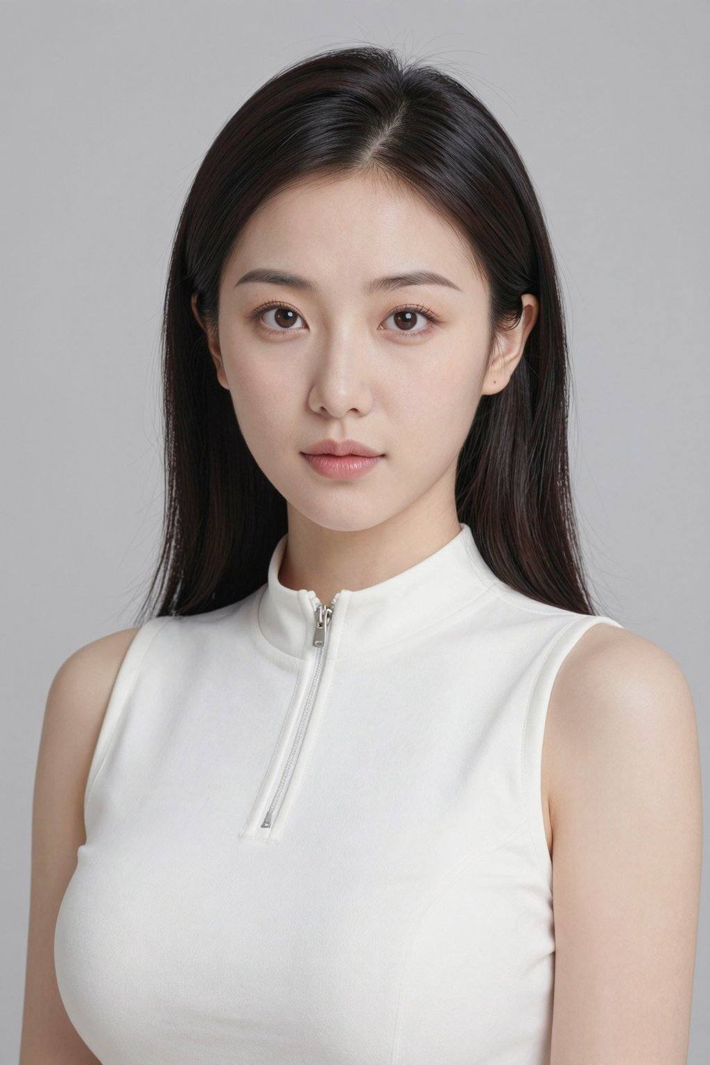 This is a photograph of an East Asian woman with fair skin, straight black hair, and a slender physique. She has a round face, almond-shaped brown eyes, and full lips. She wears a sleeveless white top with a high collar and a zipper detail. Her makeup is subtle, with a natural look. The background is a plain, light grey. The overall image has a soft, professional quality, focusing on her serene expression and elegant appearance.<lora:20260107_TinZ-ImageYoungGirlLora6:1>