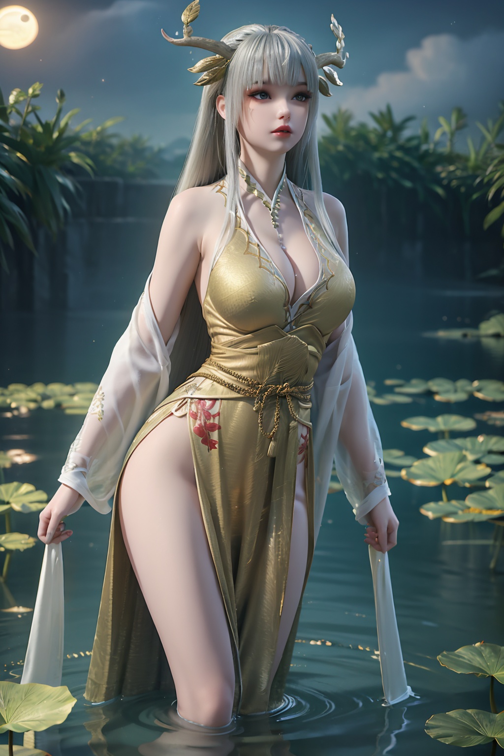 standing,dress,chinese clothes,flower,full_moon,moon,night,lily_pad,lotus,moonlight,nipples,water,night_sky,lily_\(flower\),sky,partially_submerged,1girl,solo,hair ornament,long hair,realistic,nail polish,photo_\(medium\),large breasts,cleavage,makeup,(8k, RAW photo, best quality, masterpiece:1.2),(realistic, photorealistic:1.3),ultra-detailed,extremely detailed cg 8k wallpaper,(crystalstexture skin:1.2),extremely delicate and beautiful,(sexy pose:1.2),white hair,antler,