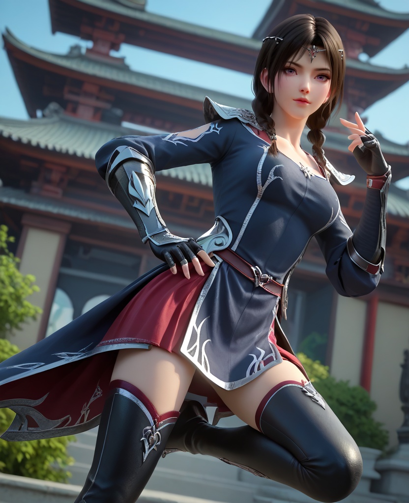 (oriental architecture, elegant decor, sophisticated style:1.1),Web-Slinging Pose, One hand forward as if shooting webs, one leg raised, ready to swing through the city,,(breasts:1.2),<,,<lora:XL16大主宰安然:0.95>,miss anran, blue gray peplum dress, red petticoat, purple eyes, circlet, black hair, braid, long hair, pauldrons, fingerless gauntlet, black high-heeled thigh boots,, zPDXL2, score_9, score_8_up, score_7_up BREAK realistic, masterpiece,best quality, highly detailed,, zPDXL3, zPDXL2,zPDXL, zPDXLxxx, zPDXLrl,
