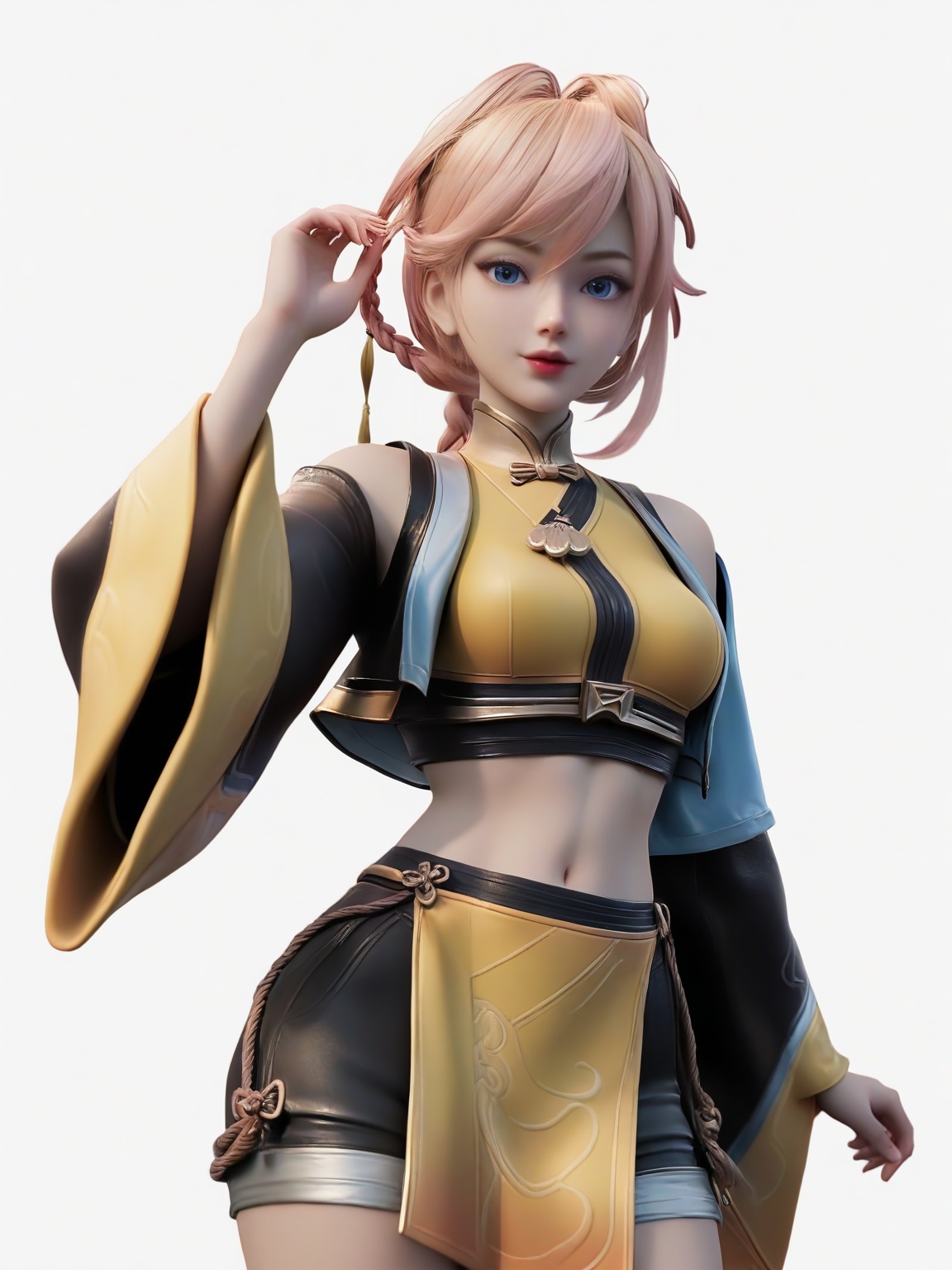 score_9,1girl,breasts,medium breasts,lipstick,solo,standing,bangs,braid,midriff,cropped jacket,black shorts,pink hair,wide sleeves,blonde hair,blue eyes,yellow dress,long hair,cowboy_shot,looking at viewer,white background,simple background,<lora:SF_JiXiaoMan_Pony_Realism2.3-000004:0.7>