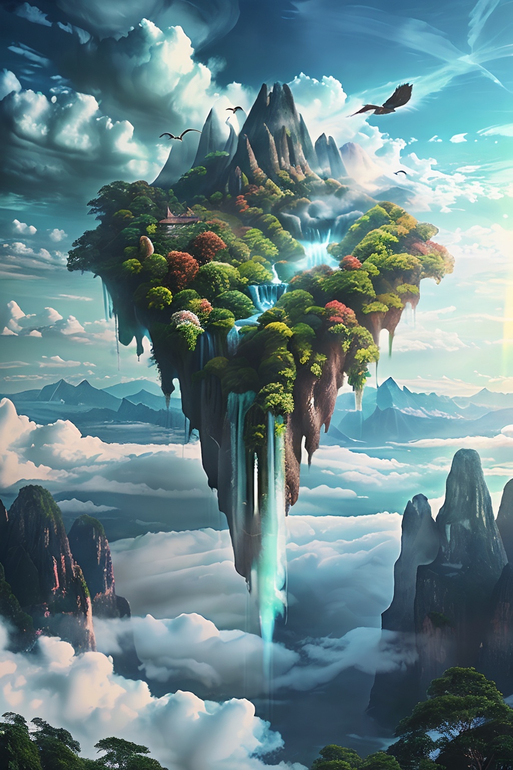 scenery,cloud,outdoors,sky,bird,no humans,floating island,waterfall,cloudy sky,mountain,day,tree,cliff,water,landscape,sunlight,MHXD,
