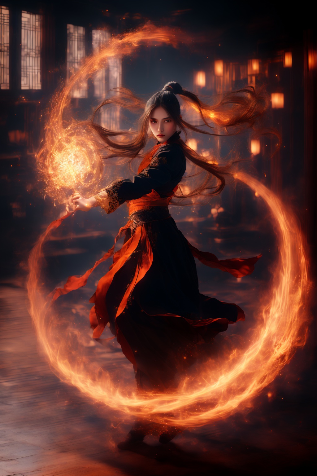 orang-aura,using orang-magic,orang-magic,ancient-costume,dancing,solo,1girl,fire,long hair,ponytail,<lora:magic_fighting_512_15:0.8>,