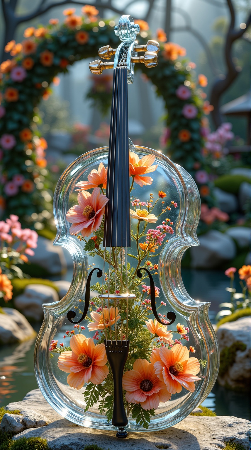 Floral instruments,A glass violin with a vibrant floral arrangement,set against an enchanting garden backdrop.,