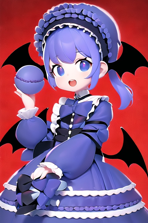 CH,high contrast,1Girl,solo,looking at the audience,blue blue smile,short hair,open mouth,bangs,black hair accessories,long sleeves,black and red Gothic Lolita,bow,holding,jewelry,headband,food,demon wings,demon tail,Lolita fashion,Gothic Lolita,Lolita headband,macaron,purple background,
