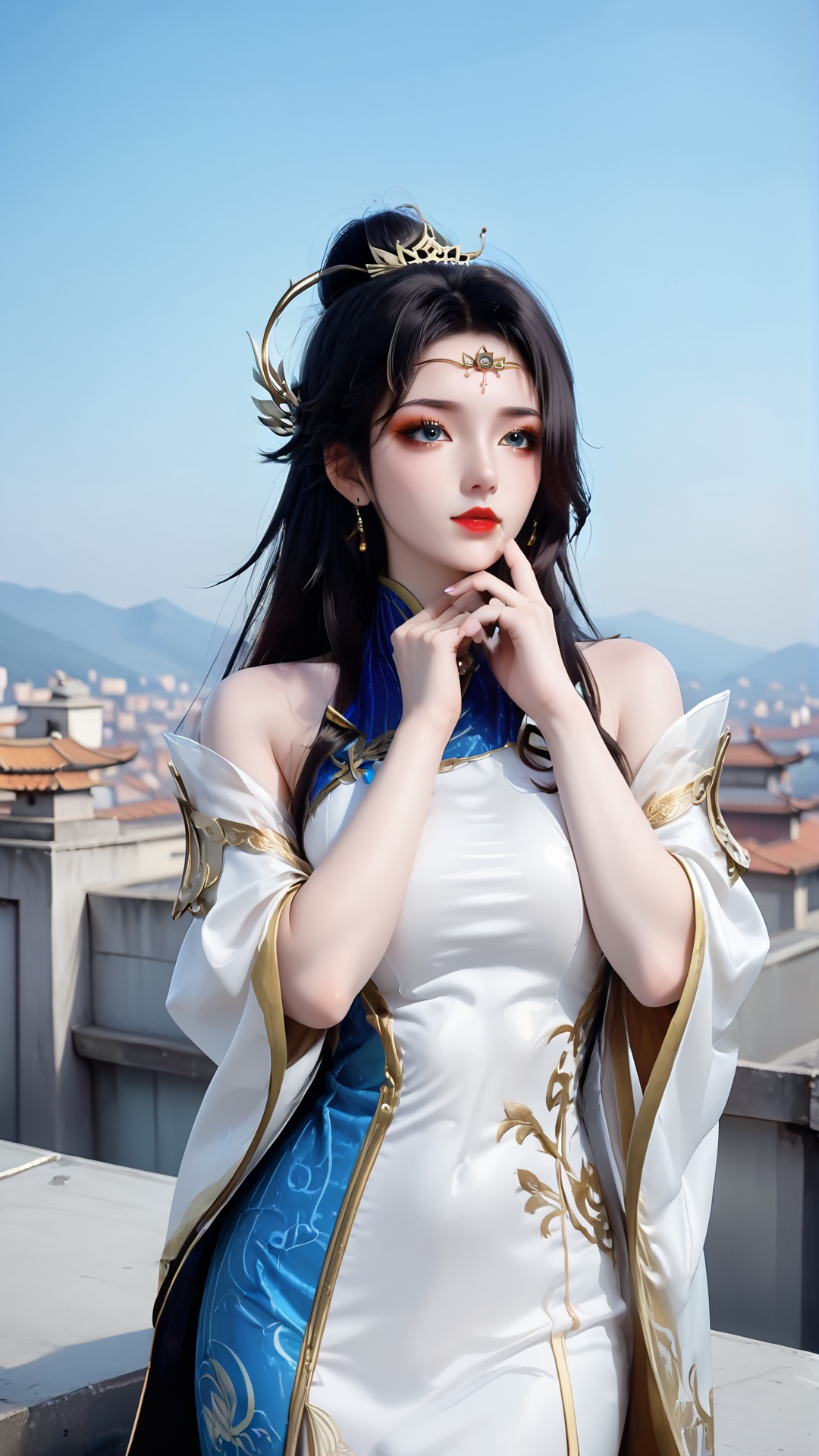 The image is a digital illustration of a young woman dressed in a traditional Chinese costume. She is standing on a rooftop with a clear blue sky in the background. The woman is wearing a white and blue dress with intricate gold embroidery on the bodice and sleeves. She has long black hair styled in a high ponytail with a gold headpiece on top. Her makeup is dramatic with dark eyeliner and red lipstick. She appears to be deep in thought,with her hand resting on her chin and a serious expression on her face. The overall mood of the image is elegant and regal.,<lora:pony玄衣-000004:0.8>,