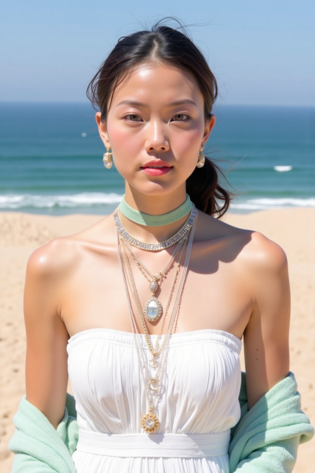 beijihui,The image depicts a person standing outdoors, with the ocean visible in the background. The individual is wearing a strapless white dress and a light green shawl draped over their shoulder. They are adorned with multiple necklaces, including a choker and a layered pendant necklace. The person has dark hair styled in a low ponytail. The background features a sandy beach and the ocean, with a clear blue sky above. The overall setting appears to be a serene coastal environment.