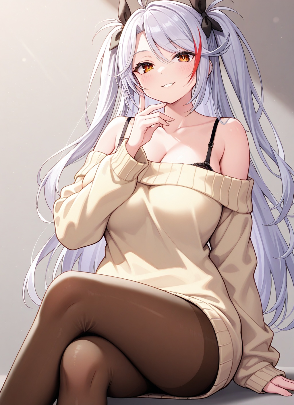 <lora:prinz_eugen_IL_v1.0:1>,prinz eugen \(azur lane\),off-shoulder sweater,bra strap,pantyhose,smile,crossed legs,, masterpiece,best quality,