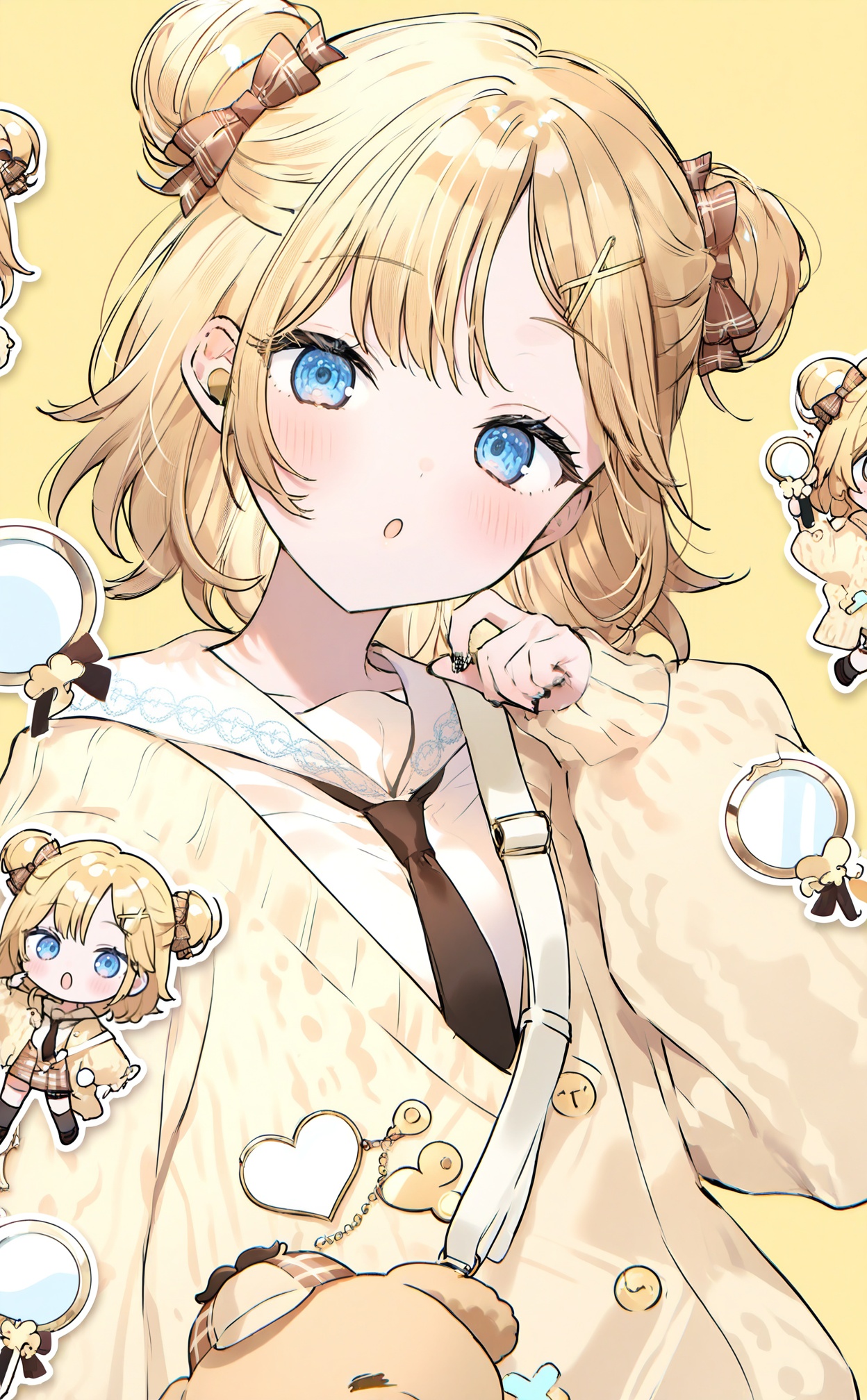 masterpiece,highres,absurdres,newest,best quality,loli,petite,high quality,chromatic_aberration,shiny_skin,//,1girl, watson_amelia, blonde_hair, blue_eyes, virtual_youtuber, hair_bun, necktie, brown_bow, bubba_\(watson_amelia\), hair_ornament, double_bun, magnifying_glass, animal_bag, looking_at_viewer, solo, yellow_cardigan, cardigan, monocle, bow, short_hair, blush, yellow_background, hair_bow, hairclip, brown_bowtie, white_sailor_collar, bob_cut, upper_body, long_sleeves, official_alternate_hairstyle, shirt, chibi, open_mouth, black_necktie, sailor_collar, bag, :o, watch, deerstalker, plaid, official_alternate_costume, chibi_inset, heart, brown_necktie, black_nails, nail_polish, white_shirt, shoulder_bag//,<lora:nekoyashiki_pushio——【noob】hans:1>,