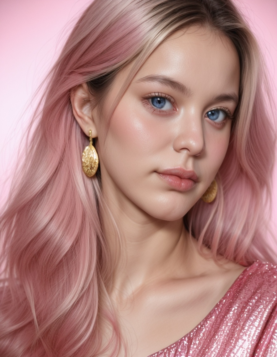 masterpiece,soft lighting,best quality,amazing quality,very aesthetic,newest,absurdres,1girl,Half body view of Boa Hancock in black and pink leather,with long hair and gold earrings,against a pink background.,pink theme,looking at viewer,blue eyes,Domineering,close_up,Dynamic pose,,realistic,photorealistic,