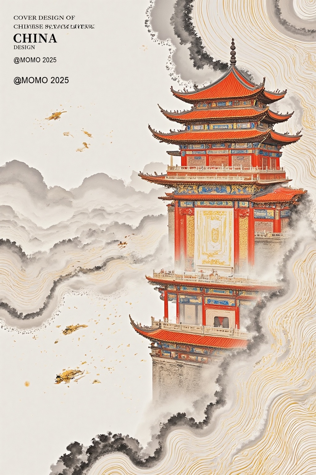 INK-WASH STYLE,Cloud Brocade Heavenly Text | Nanjing Brocade ArtCore: Giant Loom and Draped BrocadeDynamic: ◆[Exchangeable Gold Thread Shuttles] + Floating Cloud PatternsText: Centered at TopStyle: Vermilion and Gilt Fine Line Work Text: Lower Left Corner Additional Text: "COVER DESIGN OF CHINESE STYLE POSTER", "CHINA DESIGN", "@MOMO 2025" in Top Left Corner. The overall design should blend traditional Chinese architectural elements with artistic expression, exuding an elegant and serene cultural atmosphere.
