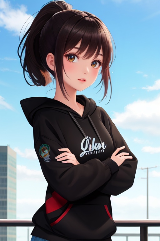 1girl,solo,casual,hoodie,black hair,high ponytail,