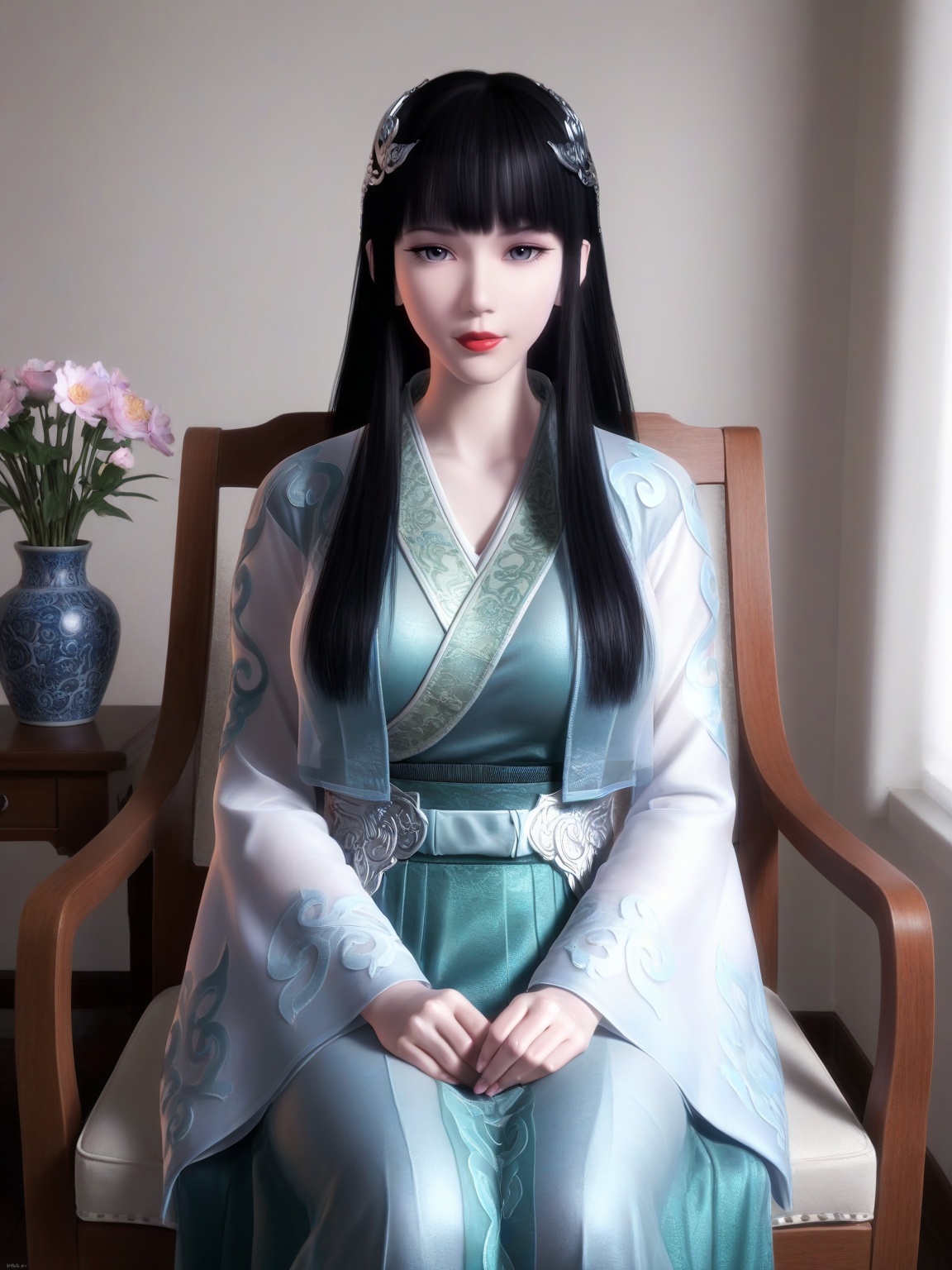 masterpiece,ultra-HD,photorealistic,high detail,best quality,8k,best quality,sharp focus,ray-tracing,1girl,breasts,large breasts,long hair,hair ornament,black hair,lipstick,bangs,long sleeves,dress,wide sleeves, sitting,chair,falling petals,eyelashes,solo,looking at viewer,enchanting expression,red lips,Flower Potted Plants,<lora:SF_XinYueHu_ILv4050_Real-000004:0.7>,