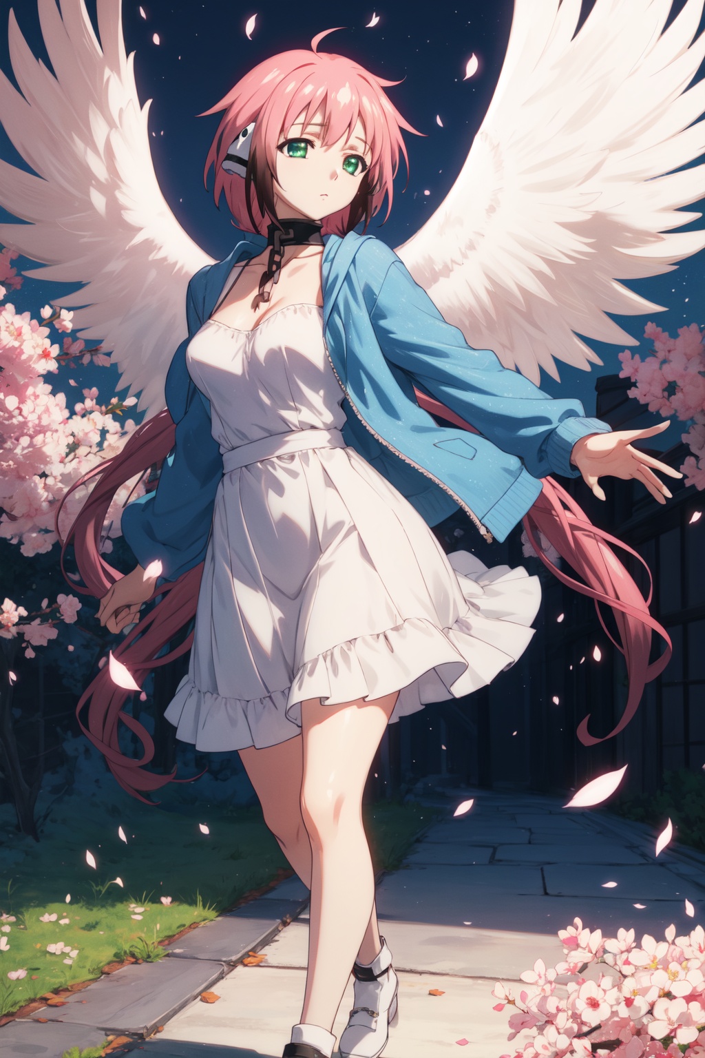 <lora:Ikaros-000009:0.8>,ikaros cyql,1girl,looking at viewer,solo,pink hair,long hair,very long hair,twintails,robot ears,hair ribbon,green eyes,collar,metal collar,chain,wings,angel wings,large breasts,Ribbed midi dress, denim jacket, sneakers,teardrop,bust,With the spring breeze, cherry blossom petals flutter beneath the trees in a confetti of pink and white, dancing lightly with the wind. A subtle fragrance fills the air,(Rose bushes, Garden arch, Wedding ceremony, Floral arrangements, Romantic setting, Wedding vows:0.5),beautiful detailed sky,beautiful detailed glow,posing in front of a colorful and dynamic background,masterpiece,best quality,beautiful and aesthetic,contrapposto,female focus,wallpaper,