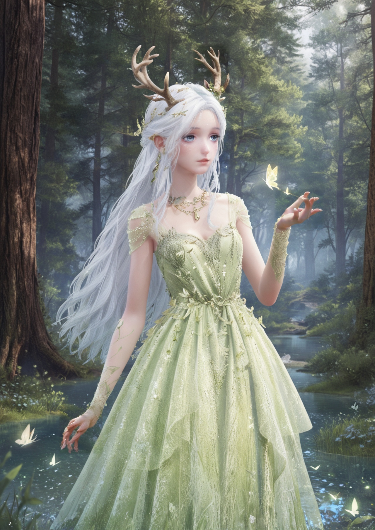 score_10,score_9,score_8_up,score_7_up,1girl,Nikki,deer,jewelry,dress,butterfly,tree,nature,white hair,solo,outdoors,long hair,horns,water,antlers,forest,necklace,blurry,