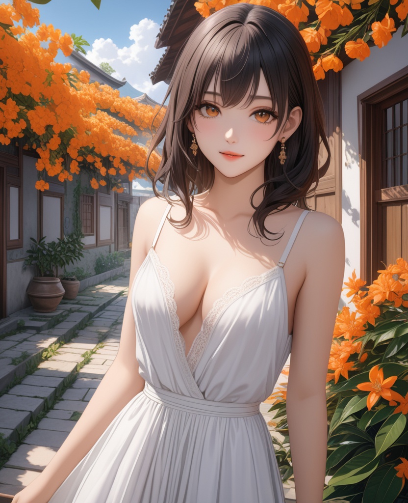 (,1girl, ,best quality, ),looking at viewer,  ,ultra detailed background,ultra detailed background,ultra realistic 8k cg,, ,masterpiece, (( , )),, ,      ,  orange blossoms,  (cleavage), (), ,,