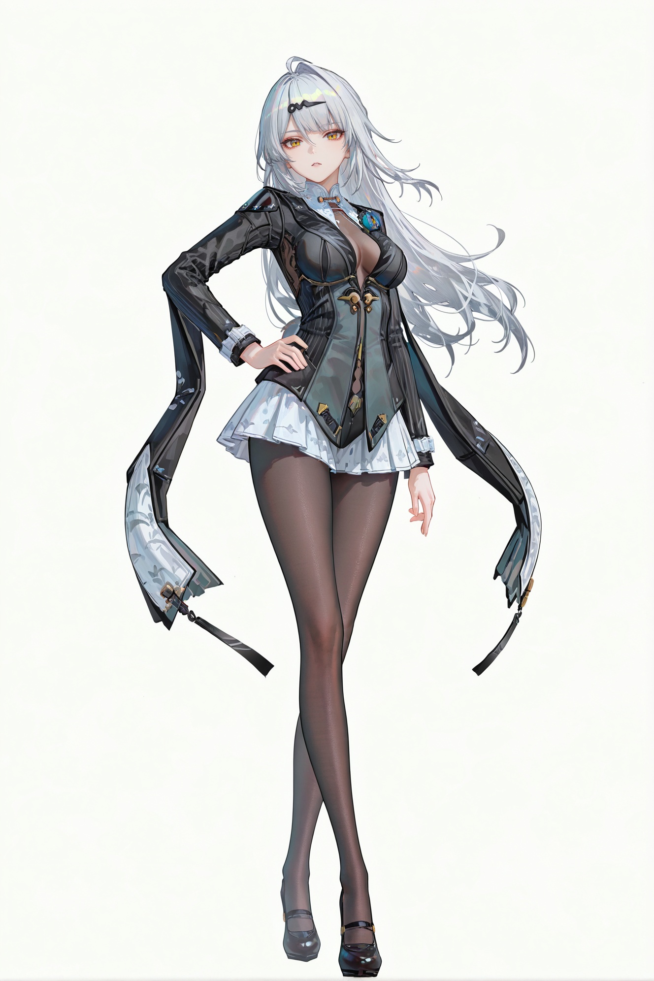 8k,best quality,masterpiece,(ultra-detailed),(high detailed skin),((artist:reoen),(artist:fuzichoco),(artist:atdan),(artist:torino_aqua),year 2024:0.8)1girl,[artist:wlop],[artist:ningen_mame],artist:ciloranko,[[artist:rhasta]],artist:tidsean,colorful,jijia,2d,ambient light,full body,full shot,standing,looking at viewer,(solo:1.2),simple background,(white background:1.2),hand on own hip,(white background:1.1),<lora:yixuan-ill-Tanger:0.9>,yixuan \(Zenless Zone Zero\),clothes: moxing black suit,1girl,breasts,long hair,black pantyhose,yellow eyes,silver hair,