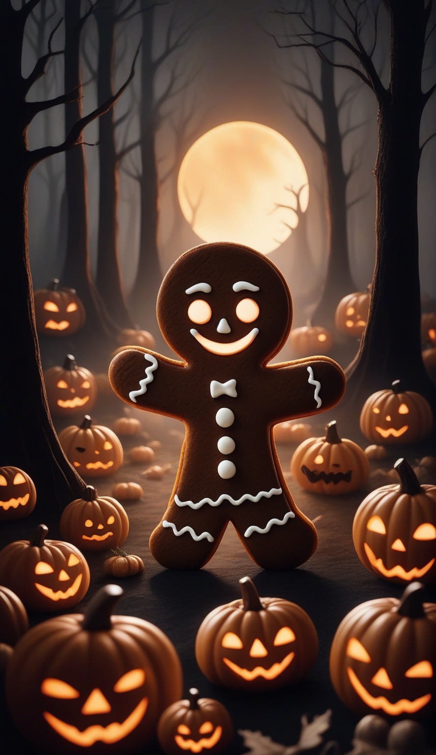 Dark fairy tales,A festive Halloween scene featuring a gingerbread cookie with candy eyes and mouth, surrounded by pumpkins of various sizes.